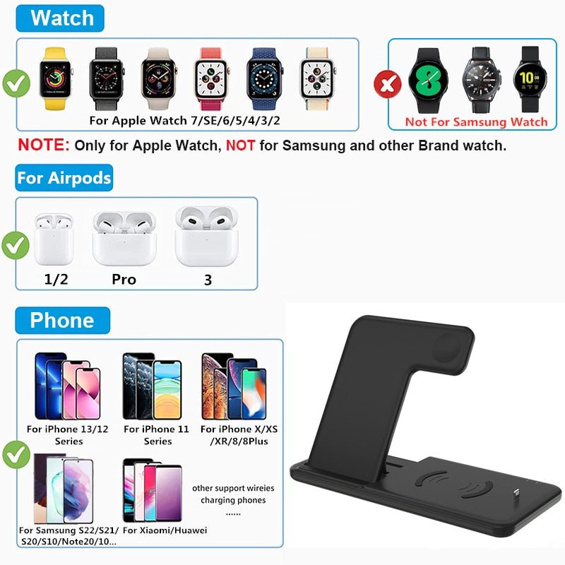 15W Fast Wireless Charger Stand For iPhone 14 13 12 11 8 Apple Watch 4 in 1 Foldable Charging Station for Airpods Pro iWatch - MVP Megastore